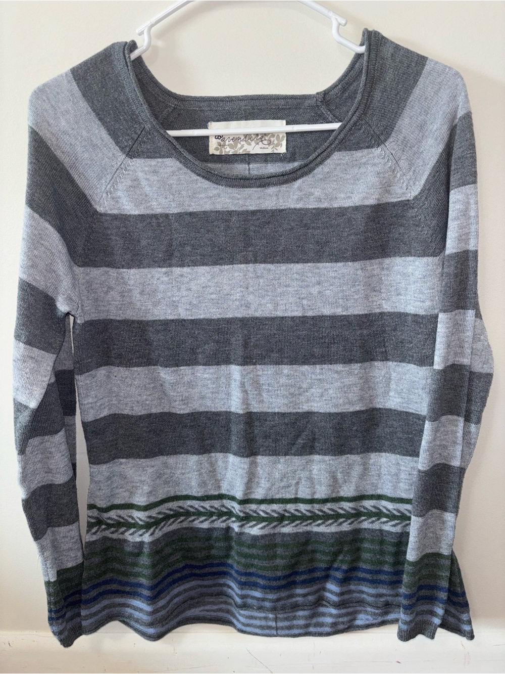 Aventura Gray Striped Crewneck Sweater with Green & Blue Hem Accents